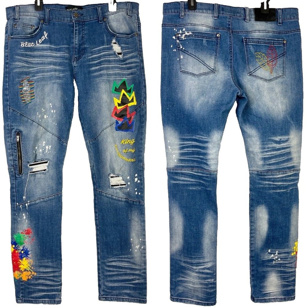 Blac Leaf King Painted Distressed Sewn Denim Stretch Blue Jeans sz 38 x 32 Mens